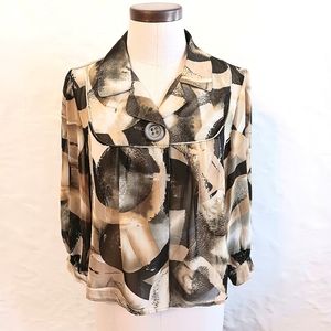 Earthy, sheer, oversized, abstract, single-button blouse. Medium.